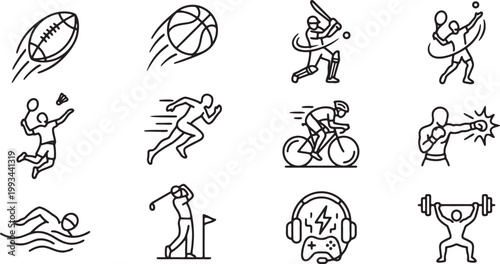 Sports outline icon set with running cycling boxing tennis baseball basketball vector line illustration