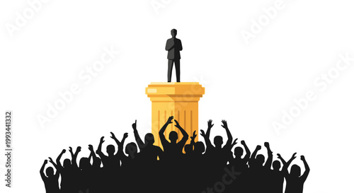 Confident Business Leader Standing on a Pedestal Overcrowded Audience