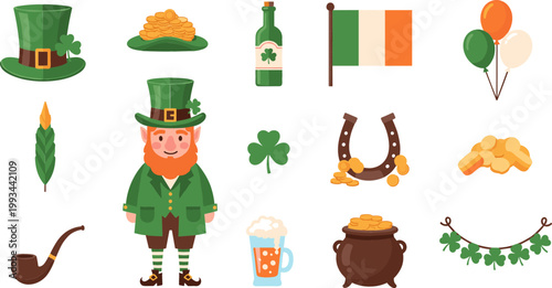 St Patricks Day Icon Set Featuring Leprechaun, Clover, Irish Flag, Beer Mug, Pot of Gold, Horseshoe, and Festive Holiday Elements Flat Vector Illustration