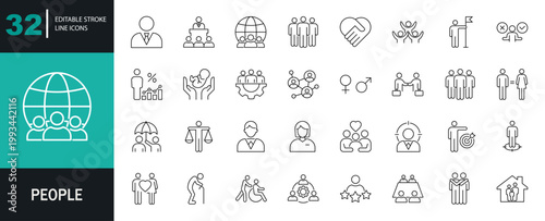 People icon set. Containing group, family, human, team, community, friends, senior, diversity, population, disabled, equal, and more. Editable line icons. Vector illustration.