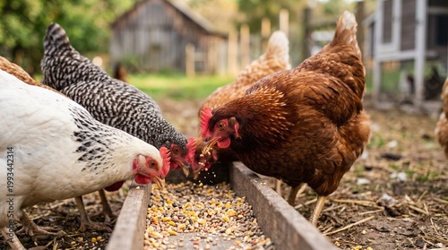 Free-range chickens eating grain from a wooden feeder in a rustic farmyard