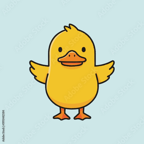 Cute cartoon yellow duckling with wings spread wide.