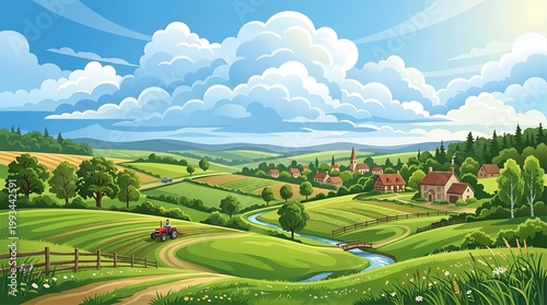 Idyllic Rural Landscape with Rolling Green Hills Farmhouse and Winding River Under a Sunny Blue Sky with Fluffy White Clouds