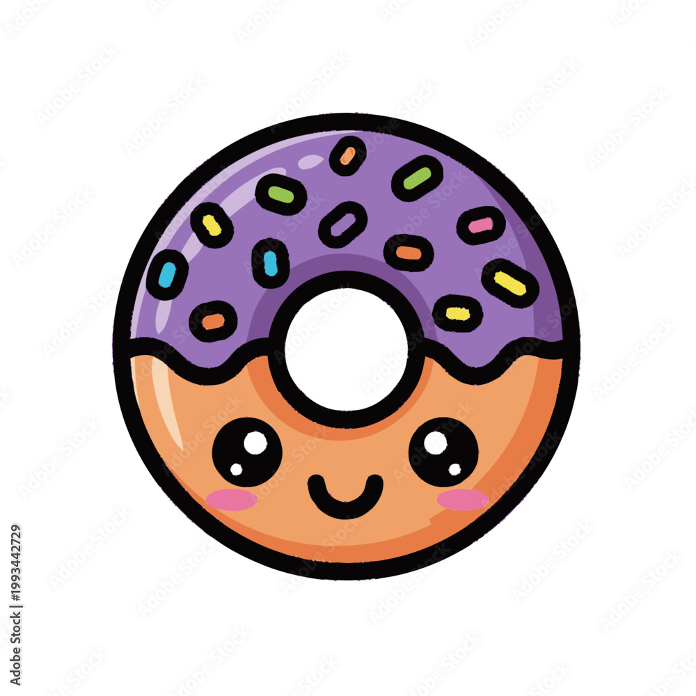 Fototapeta premium Cute Kawaii Donut Character with Sprinkles and Smiling Face.
