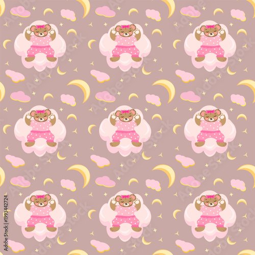 Seamless pattern with cute sleeping teddy bears in pink pajamas on clouds