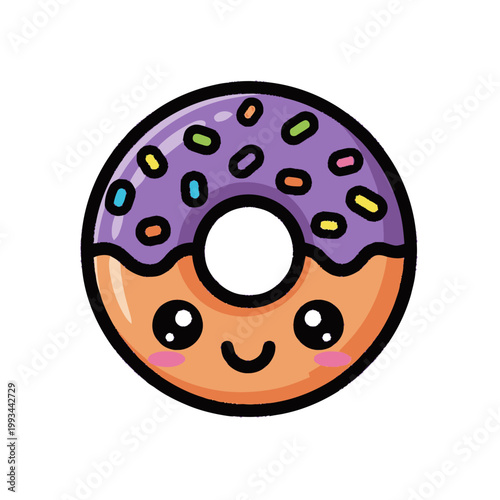 Cute Kawaii Donut Character with Sprinkles and Smiling Face.