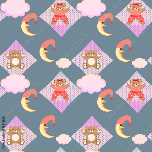 Cute seamless vector pattern with sleeping teddy bears in pajamas on knitted diamond patches
