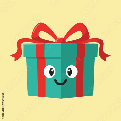 Cute Teal Gift Box with Red Ribbon and Happy Face.