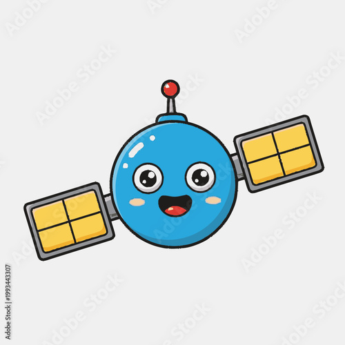 Cute Blue Cartoon Satellite with Solar Panels.