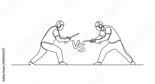 Two people in a duel with swords, one-line drawing, vs concept