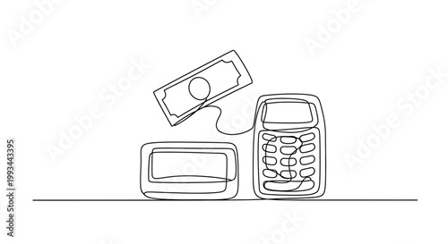 Continuous line drawing of a credit card machine with cash and receipt, business transaction concept