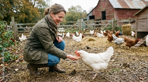 Farmer Feeding White Hen Seeds in Organic Farmyard with Chickens and Barn