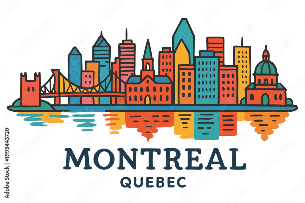 Obraz premium Montreal cityscape with iconic buildings and bridge reflected in water, vector illustration