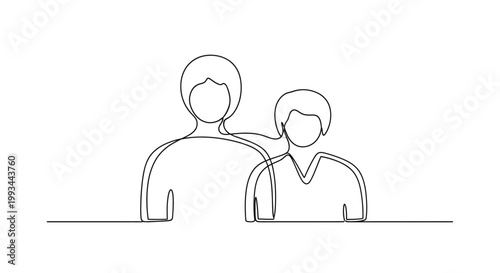 One line drawing of two people, one adult and one child, with arm around shoulder, symbolizing family and support