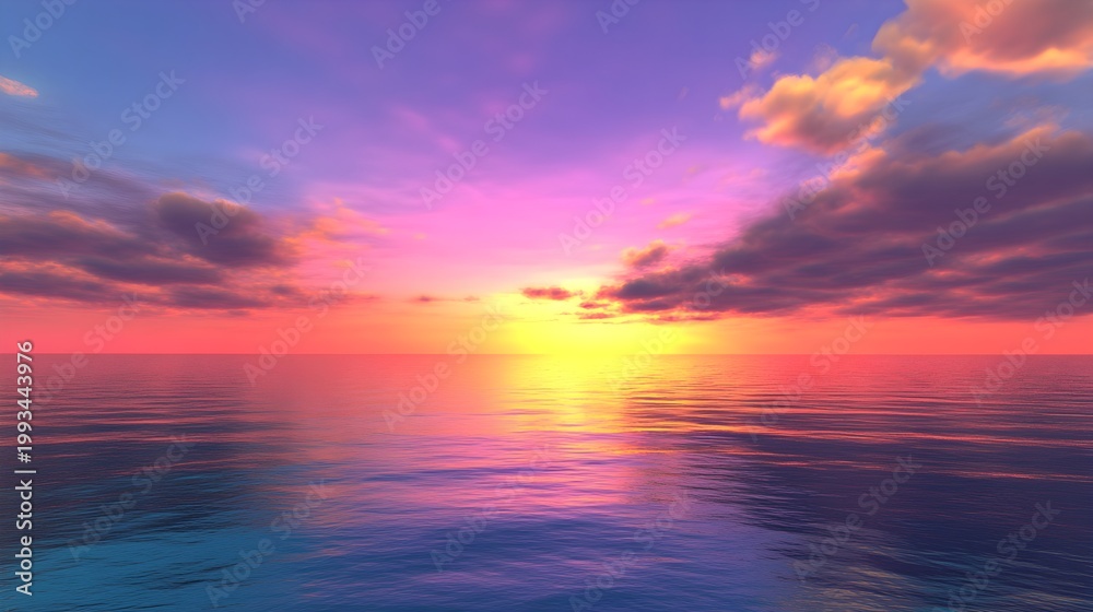 Fototapeta premium Vibrant sunset over calm ocean water with colorful clouds