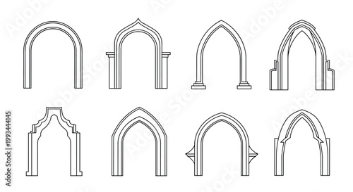 Set of different architectural archway outlines and portal designs for use in creative illustrations and middle eastern themed graphics.