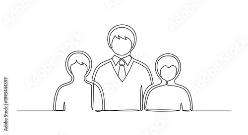 Minimalist single line drawing of a team of three people, leader and two colleagues