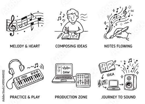 Music production process creating sound, melody, ideas, and practicing