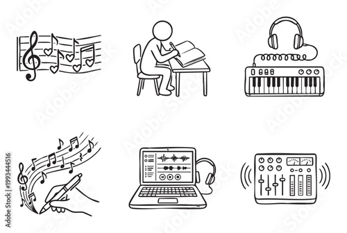 Music creation composing production process icons set