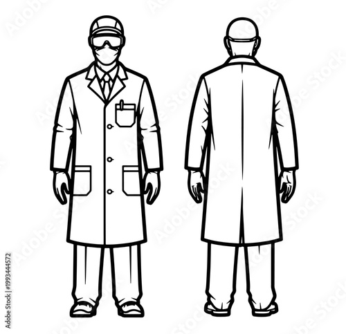 Scientist or lab technician in white coat with safety goggles minimalist line art.