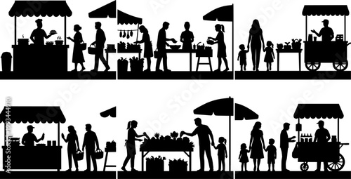Black silhouette collection of outdoor market scenes featuring food stalls vendors and families shopping for produce silhouette shopping customer vegetables commercial community merchant
