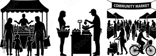 Black silhouette collection of outdoor market scenes featuring food stalls vendors and families shopping for produce silhouette shopping customer vegetables commercial community merchant