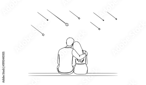 Romantic couple stargazing minimal line vector illustration