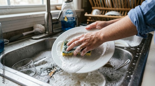 Hands washing dirty dishes in kitchen sink with soap suds