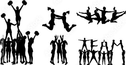 Diverse black silhouette illustrations of cheerleaders performing stunts and formations, showcasing teamwork, energy, and athletic routines, cheerleader silhouette, sport silhouette, action silhouette