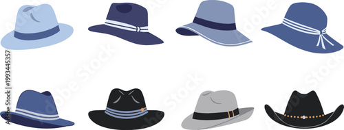 Wide Brim Hat Icon Set Featuring Summer Sun Hats, Fedora and Cowboy Styles for Fashion, Accessories, and Apparel Flat Vector Illustration