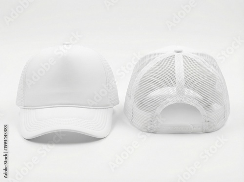 Blank white trucker hat mockup set with front and back view, mesh snapback baseball cap template for branding and custom logo design isolated on white background