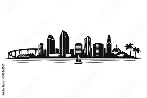 Minimalist black and white vector illustration of the San Diego skyline featuring downtown skyscrapers, the Coronado Bridge, waterfront with a sailboat, palm trees, and iconic city architecture.