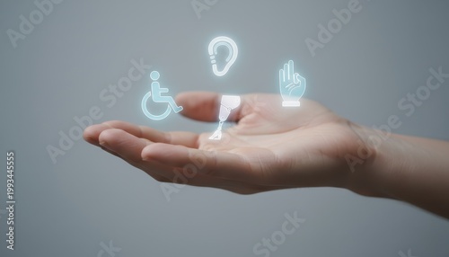Embracing accessibility with an open hand illuminated by symbols of inclusion