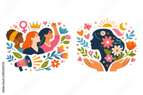 Set of Women's Empowerment and International Women's Day Vector Illustrations Featuring Diverse Female Characters, Floral Silhouettes, Megaphone, and Feminist Symbols for Equality and Self-Care