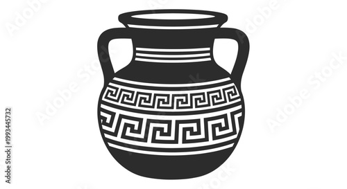 Ancient Greek amphora vase silhouette decorated with traditional meander pattern and white horizontal bands on a dark background.