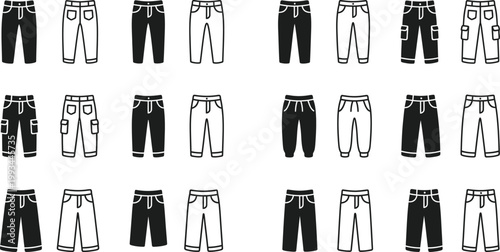 Vector illustration set of casual clothes and fashion garments, including a shirt, pants, dress, and jacket collection on hangers for men and women