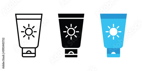 Suntan cream icon in flat style. Sunscreen icon. Sun cream icons in flat and line style set.