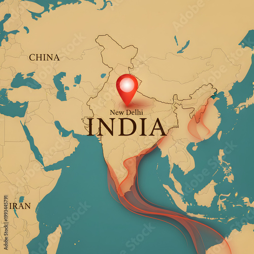 Map of India highlighting New Delhi with a wavy red graphic overlay suggesting a route or flow across the country