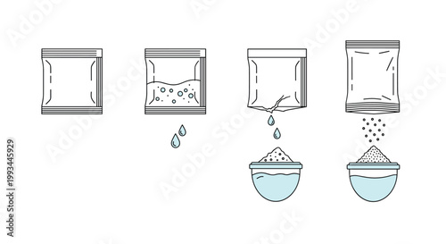 Step by step illustration of opening a powder packet and pouring its contents into a small bowl of water for preparation instructions.