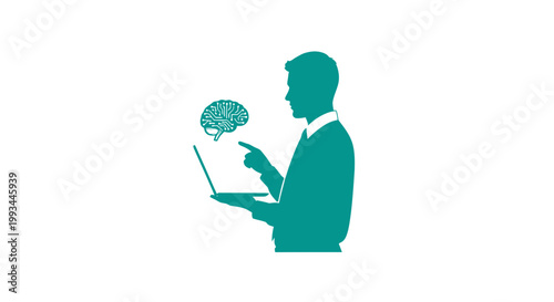 Man holding brain with laptop device.