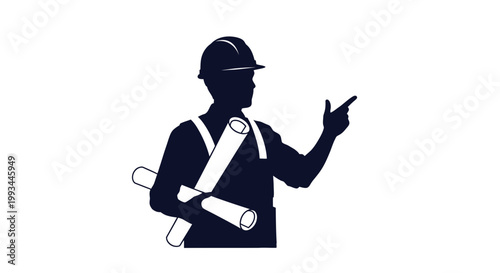 Construction Worker Silhouette with Plans and Hard Hat.
