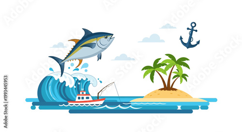 Tuna jumps out of the ocean near a tropical island and fishing boat.