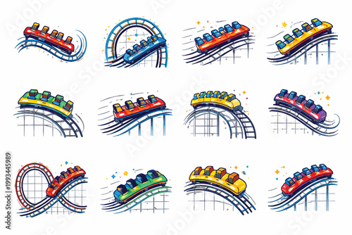 Vibrant roller coaster cart icons set for amusement park graphics. Thrilling ride symbols with colorful carts on tracks, loops, and hills. Ideal for speed, fun, and adventure-themed projects.