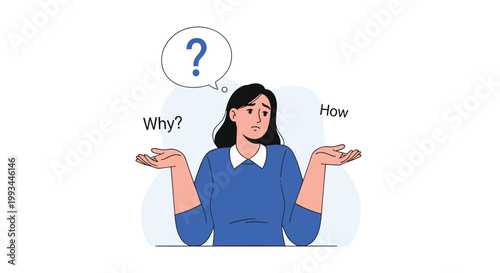 Confused woman with a question mark in a thought bubble shrugging her shoulders while asking why and how to find answers.