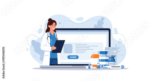 Female doctor in a white coat standing by a laptop with an assortment of medicine bottles and clinical tools for telehealth services.