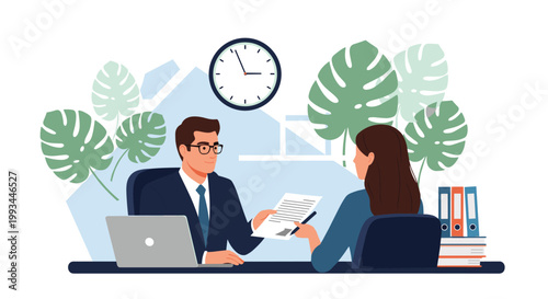 Businessman sitting at a desk and handing a contract document to a female colleague for review or signature in a professional office.