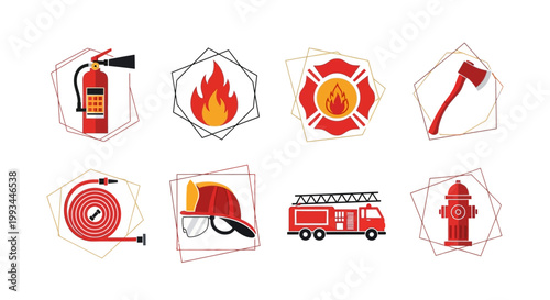 Firefighter equipment and symbols icons