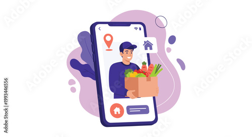 Smartphone screen displaying a grocery delivery service app with a courier holding a box of fresh vegetables for home convenience.