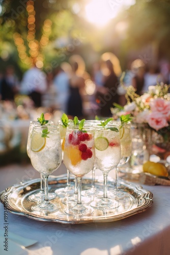 Summer wedding cocktails on a silver tray at a sunlit garden reception