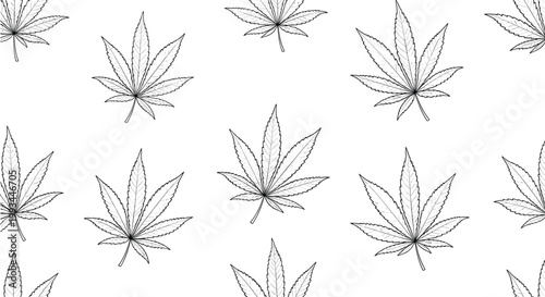 Detailed line art cannabis leaves seamless pattern on a white background for sophisticated botanical and medicinal branding.